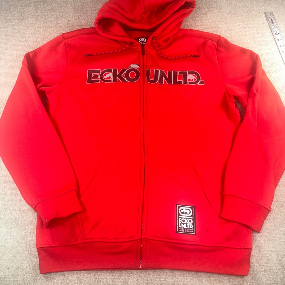 Ecko Unltd Mens Full Zip Hoodie Red Graphic Logo Fleece Sweatshirt Large